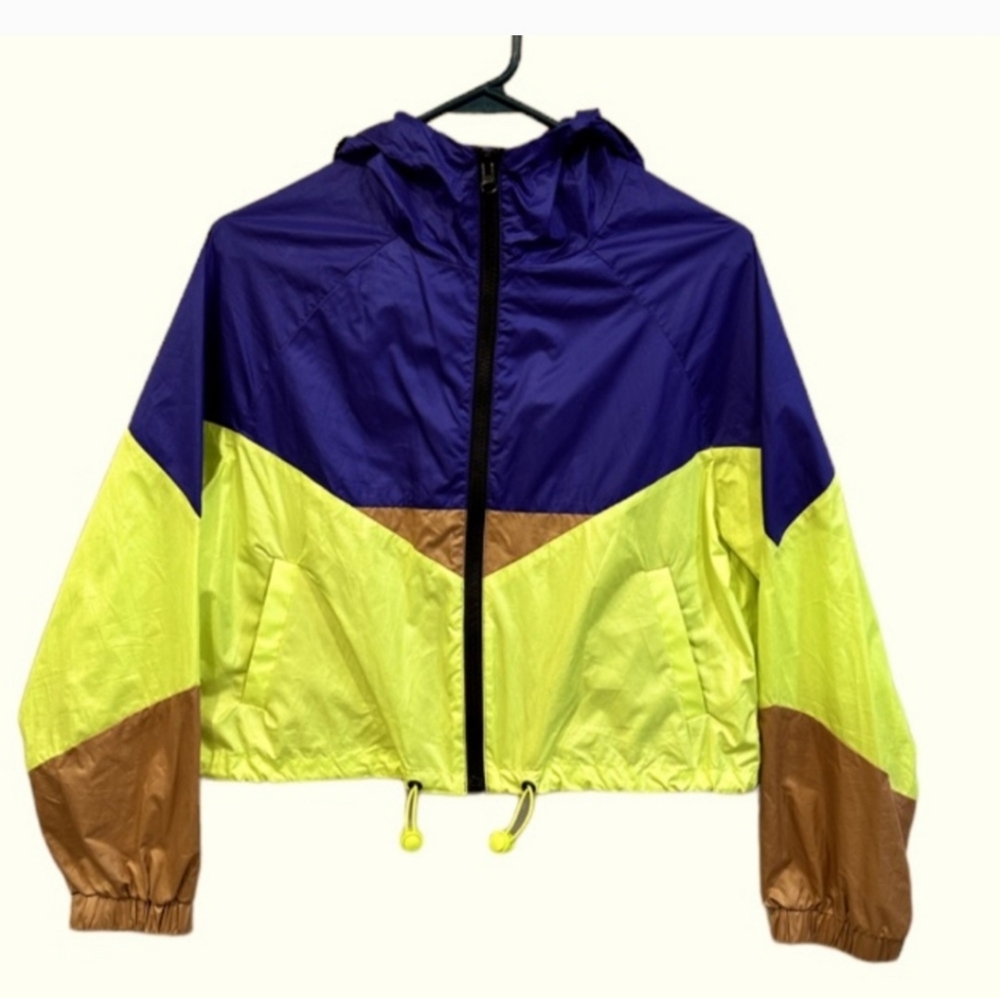 Collusion Nylon Purple, Neon Yellow & Brown Cropped Windbreaker Jacket SIZE 2